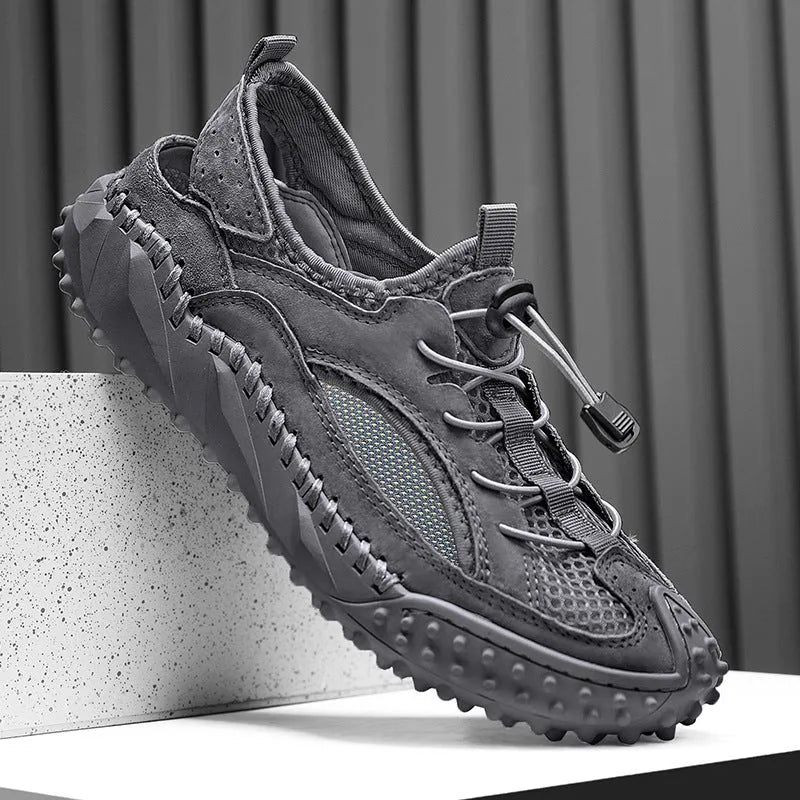 Men's black waterproof sports sandals with leather mesh upper and rubber sole
