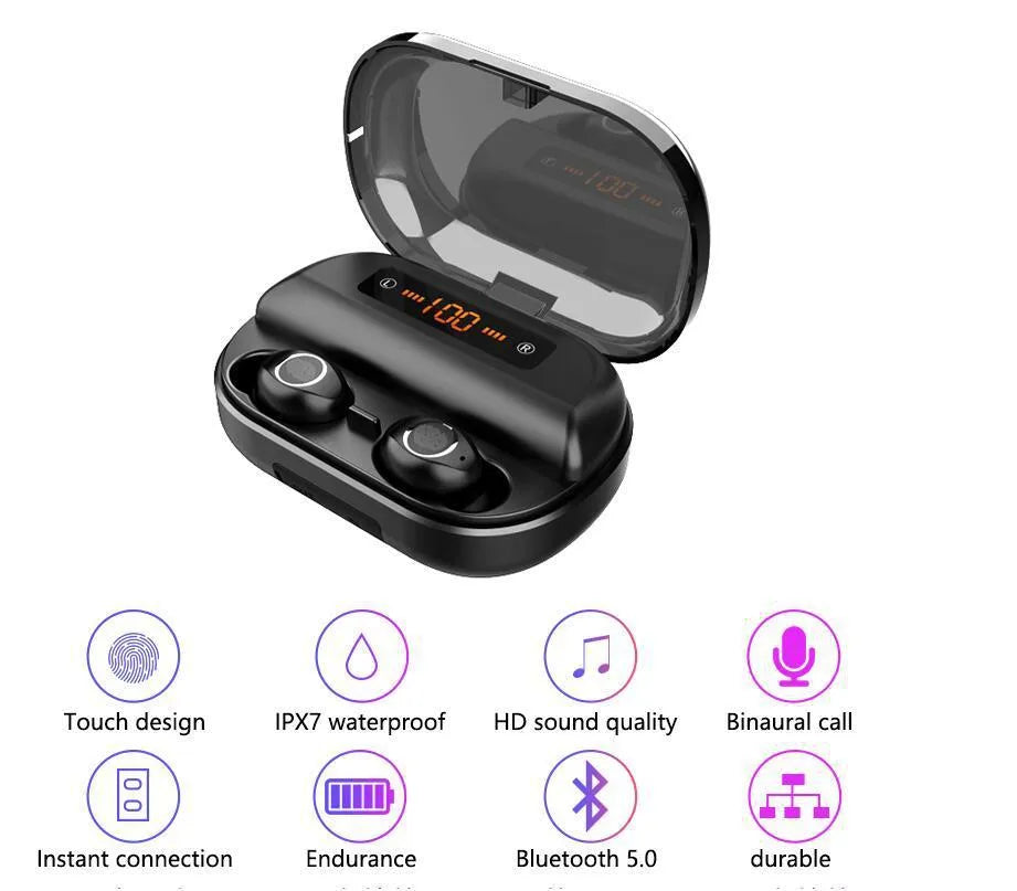 Wireless Bluetooth headset earbuds in black with battery display and stereo sound