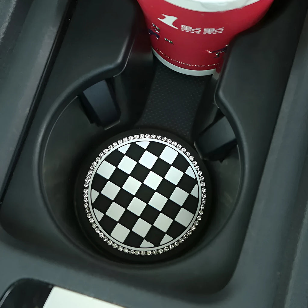 PVC universal non-slip car cup holder coaster mat in a checkerboard pattern.