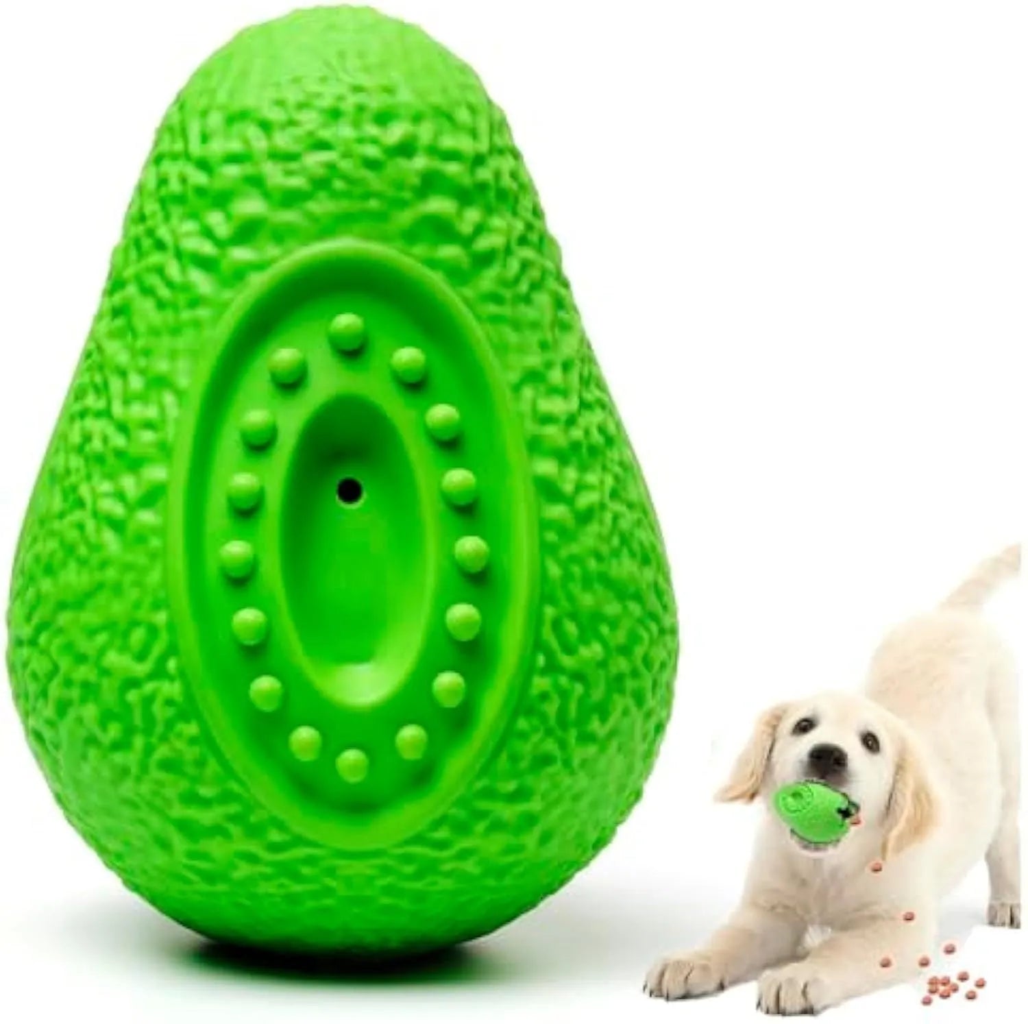 Green avocado-shaped heavy duty rubber dog chew toy for aggressive chewers and teeth cleaning.