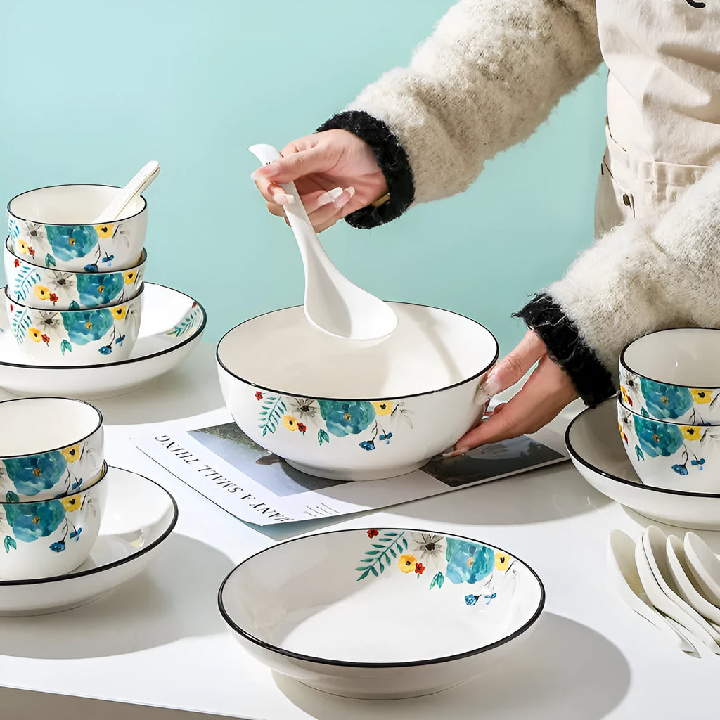 Flower In Ink bone china 22-piece tableware set with floral design, porcelain bowls, spoons, plates