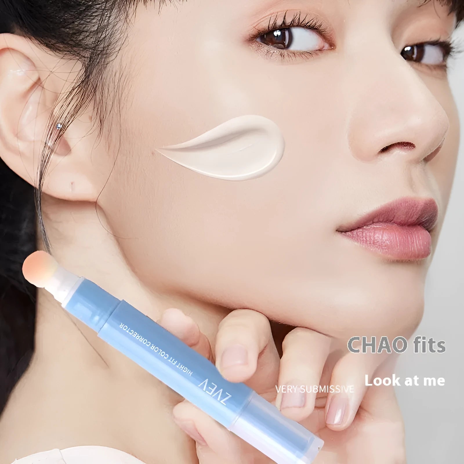 Concealer cream with sponge brush applicator showing three colour shade options