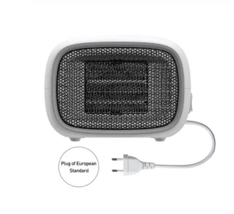 Mini PTC ceramic heater in green, white or yellow colours showing compact dimensions