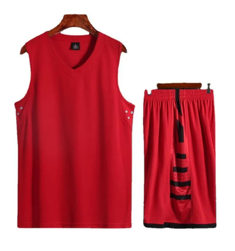 Black breathable sports vest and trousers set for basketball and fitness training on a neutral background.