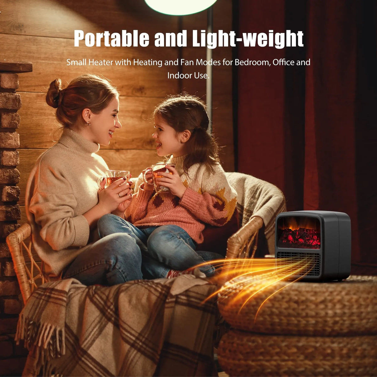 Black desktop ceramic electric space heater with LED flame effect and mechanical controls