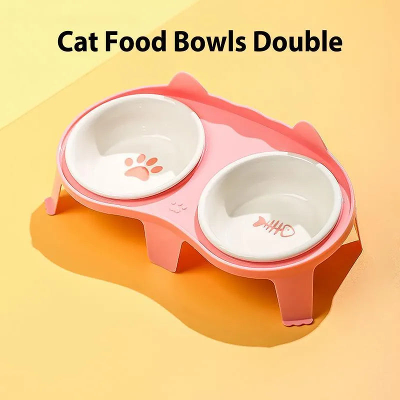 Ceramic cat bowl set with elevated tilted feeding stand in blue, pink, white, and yellow colour options