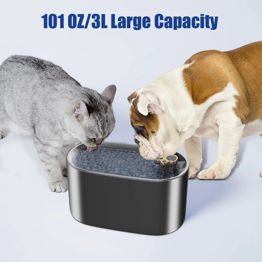 Berlin blue automatic pet water fountain with filter on a kitchen floor.