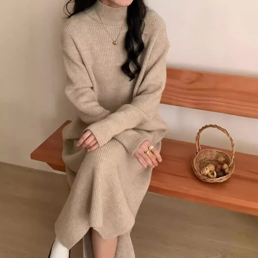 Acrylic knitted dress with half turtleneck, high waist, and mid-length skirt in five colour options