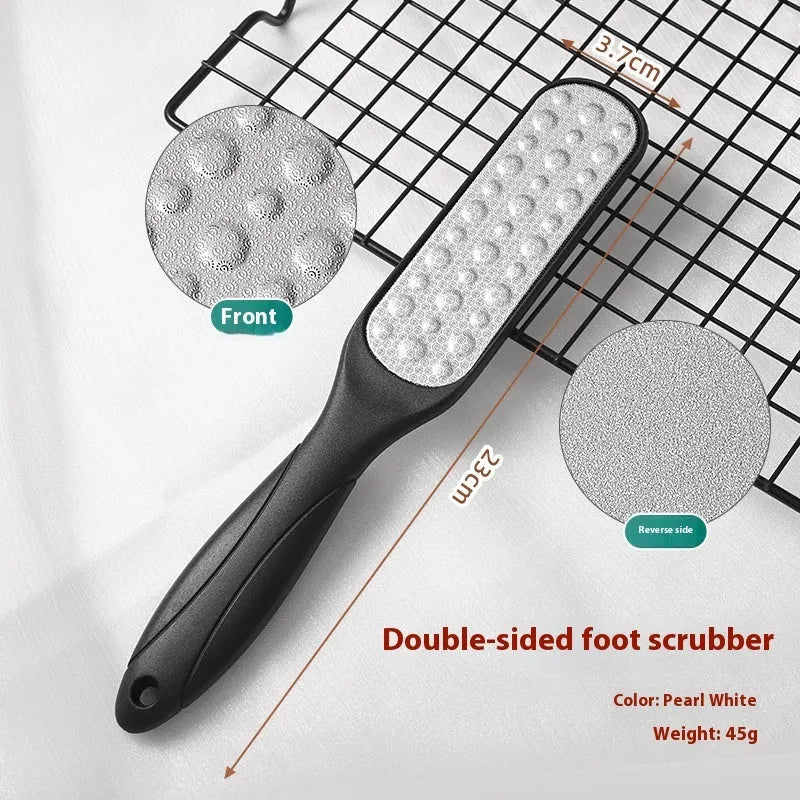 Stainless steel foot grinder with double-sided file, white and black foot gear pads.