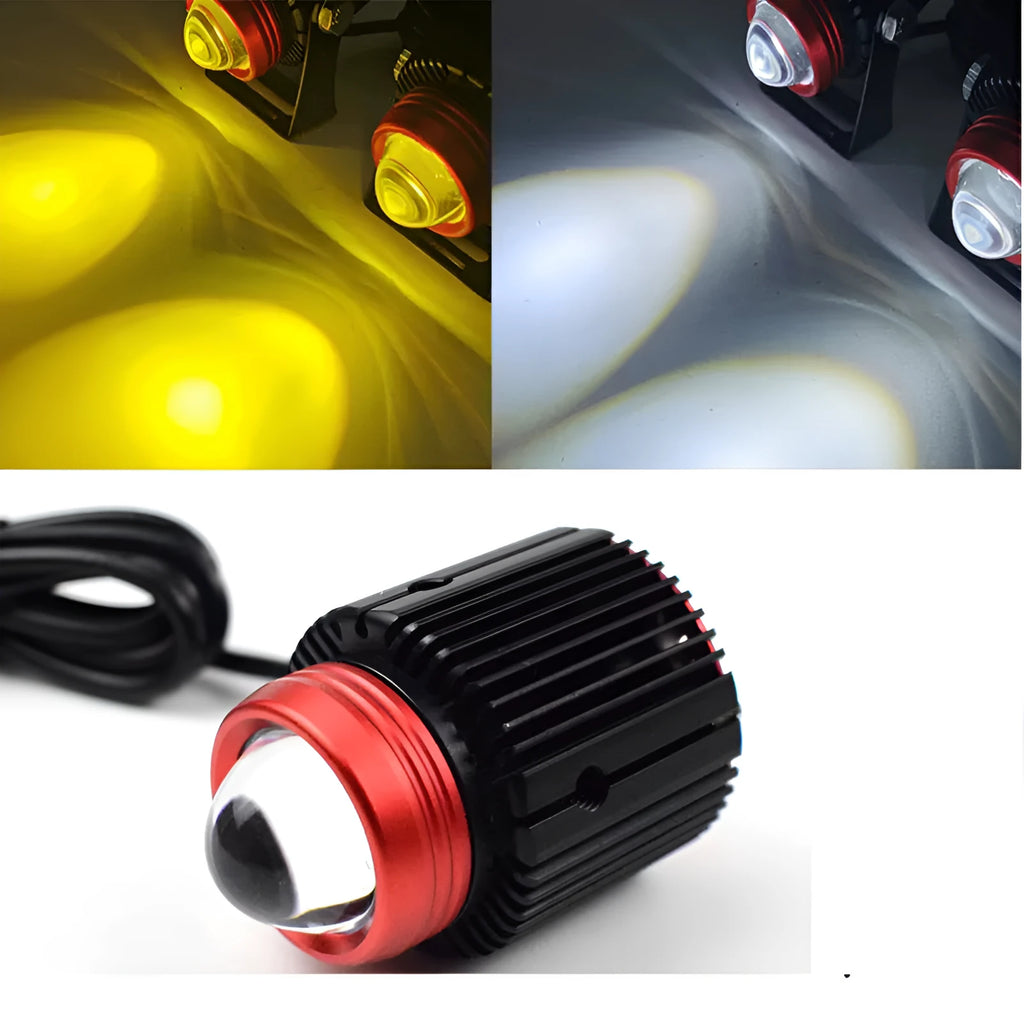 Small steel cannon LED spotlight red housing 30W dual colour yellow white beam motorcycle car SUV lens light