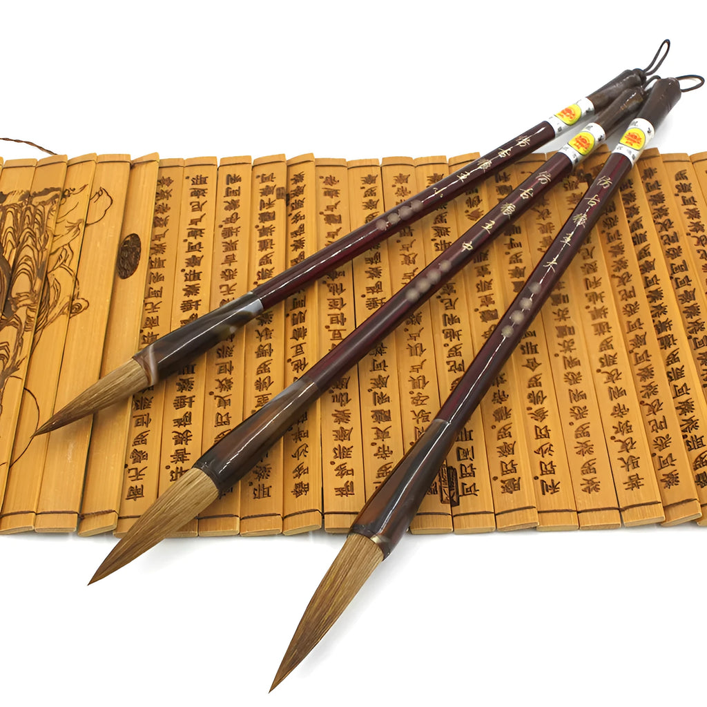 Traditional Chinese wolf hair calligraphy brush set with steel rod construction in three sizes