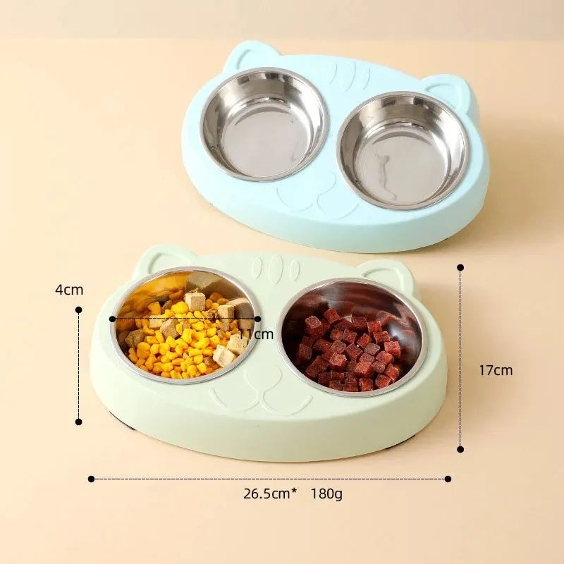 Blue macaron-shaped plastic pet feeder tray with two bowls for food and water