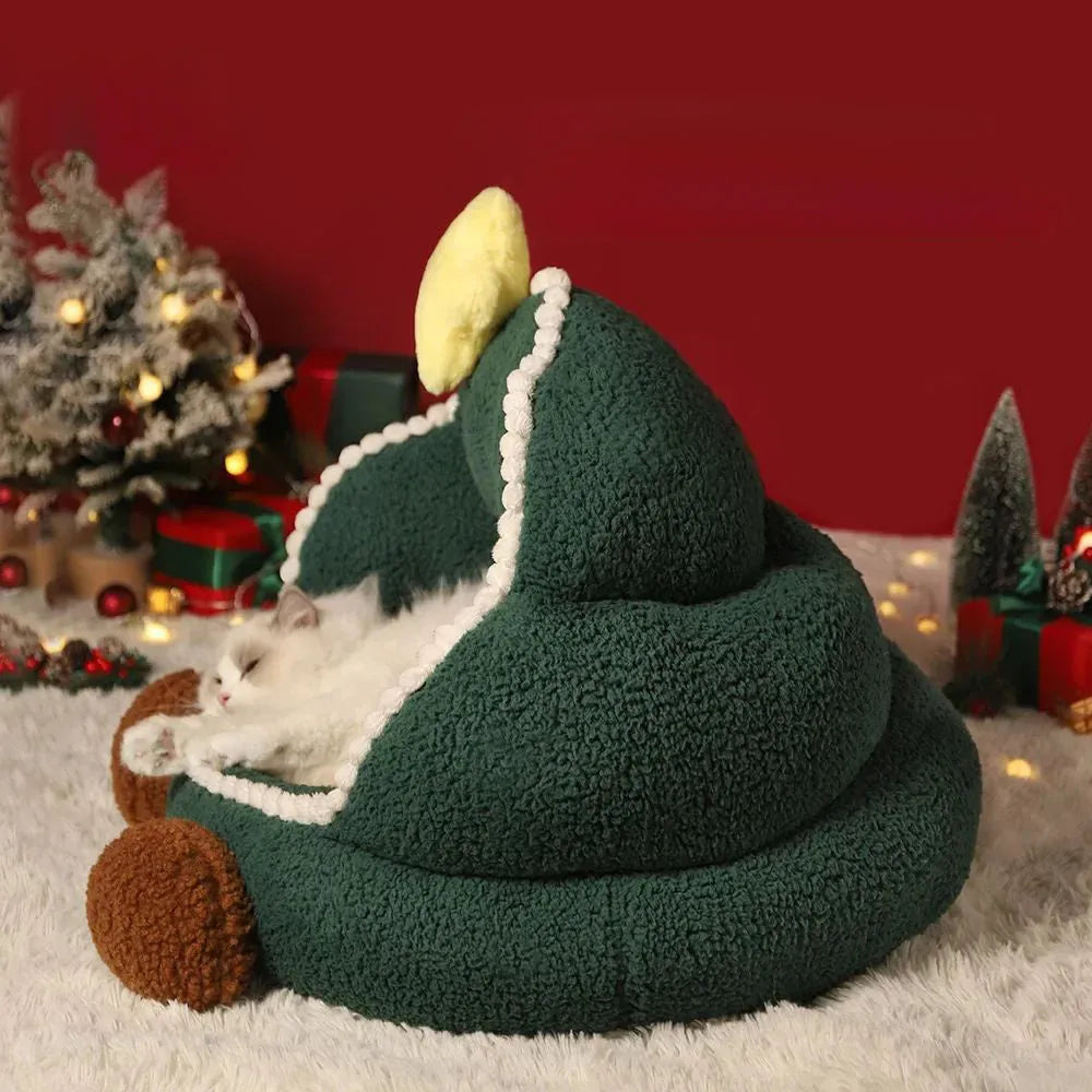 Green Christmas tree cat nest, closed pet bed, warm winter, removable washable cat bed
