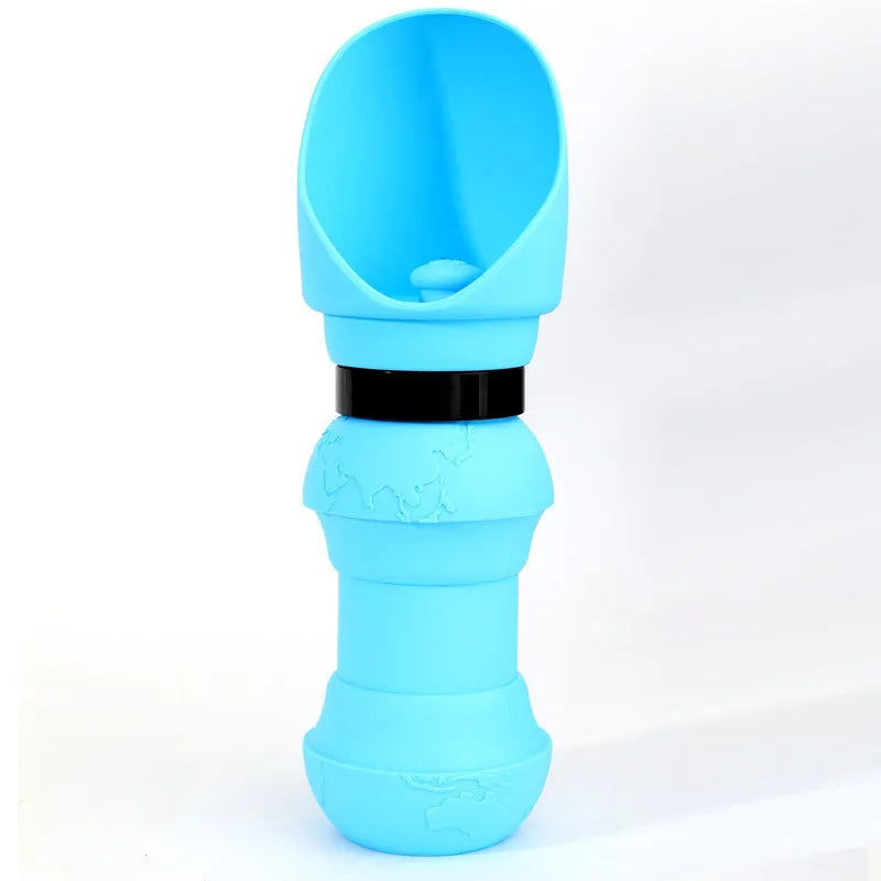 Collapsed and unfolded views of a silicone folding water cup for pets in a choice of colours.
