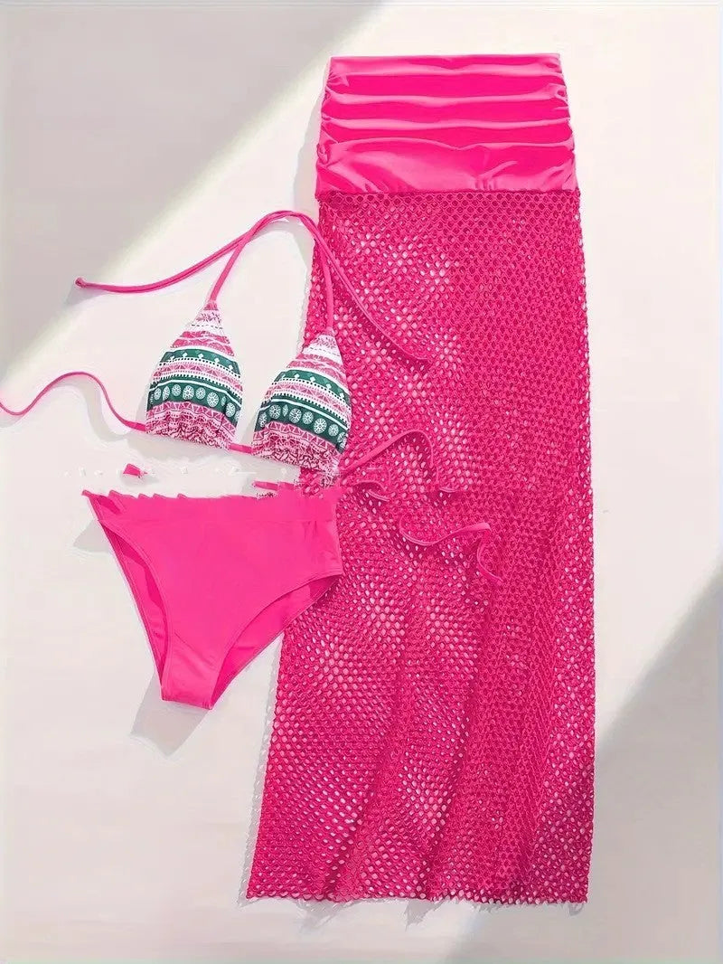 Women's brown gradient fishnet long skirt and bikini three-piece swimwear set on a mannequin.
