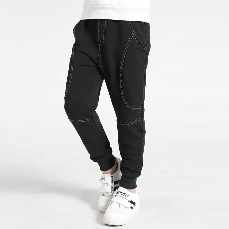 Boys' Korean-style sports trousers in black, elasticated waist, sizes 120cm to 160cm