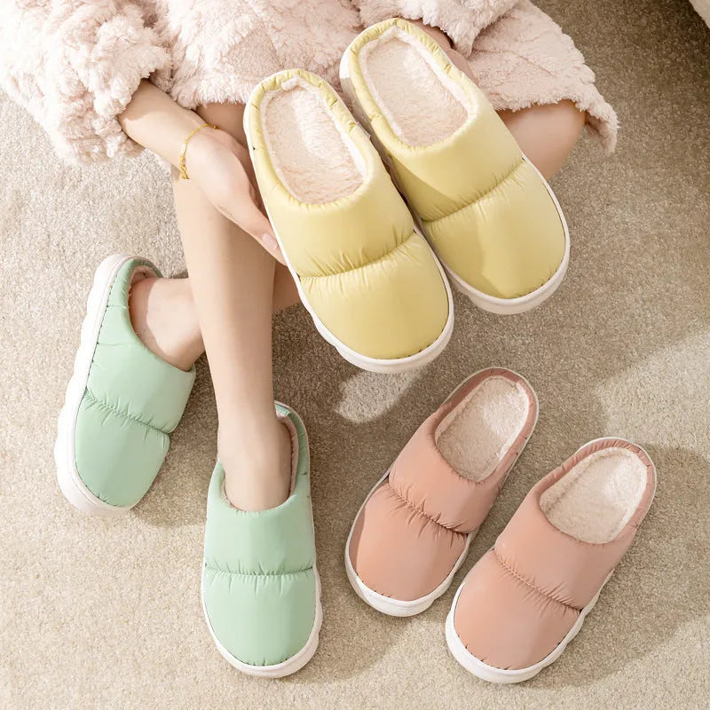 Winter indoor slippers with artificial leather upper, rubber sole, and plush lining in multiple colour options