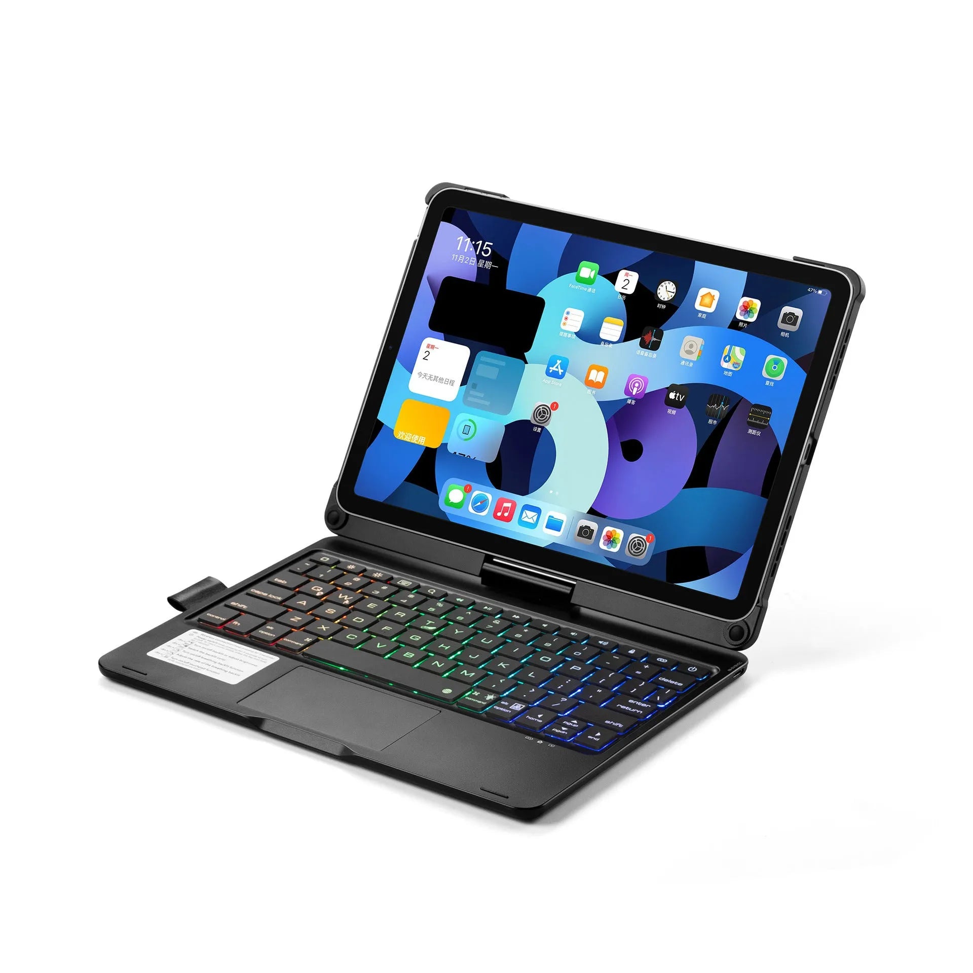 Black Bluetooth keyboard with rotating iPad stand and backlit keys next to an iPad.