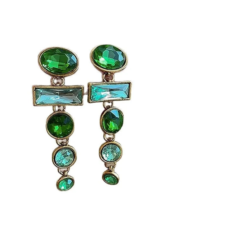 A pair of green gradient geometric drop earrings with alloy tassels and an inlaid zircon stone.
