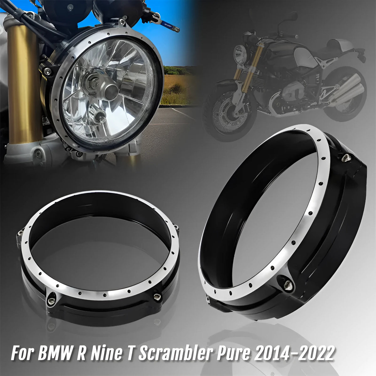 Black CNC aluminium headlight protective cover for BMW R NineT Scrambler motorcycle