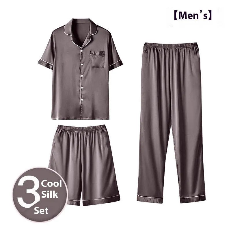 Men's ice silk three-piece home wear set showing black loungewear including top, shorts, and trousers.