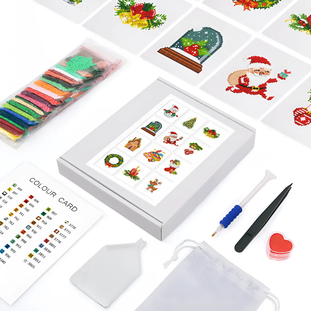 Diamond painting kit set with 12 non-repeating frameless acrylic cartoon designs on white background