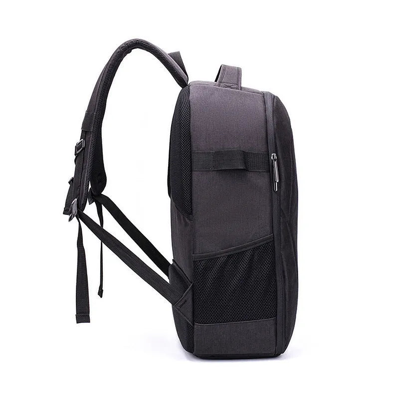 Black Oxford cloth drone backpack with 52cm × 34cm × 23cm dimensions showing multiple internal compartments