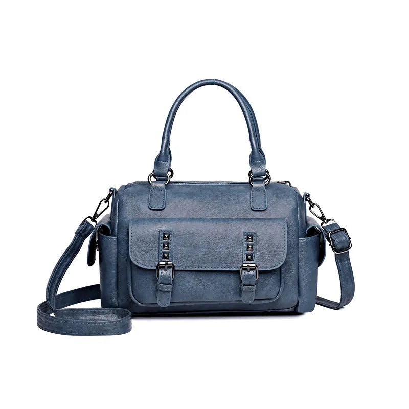 Vintage-style square messenger bag in PU leather with contrast stitching, shown in multiple colour options.