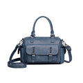 Vintage-style square messenger bag in PU leather with contrast stitching, shown in multiple colour options.