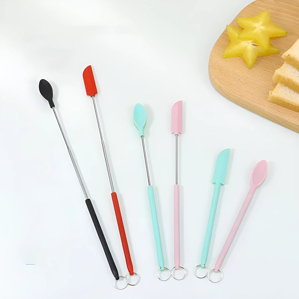 Mini retractable silicone cosmetic spatula and scraper set in pink, black, red or green two-piece suit