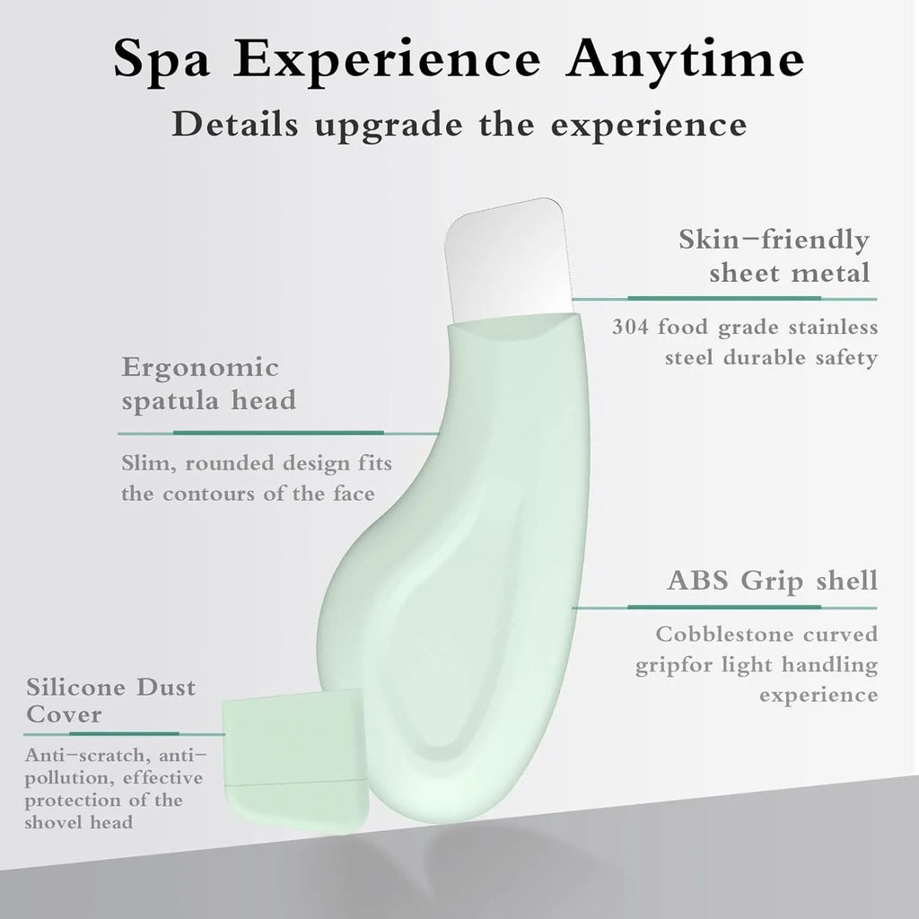 Green stainless steel pore scraper facial tool with a non-slip handle for blackhead removal