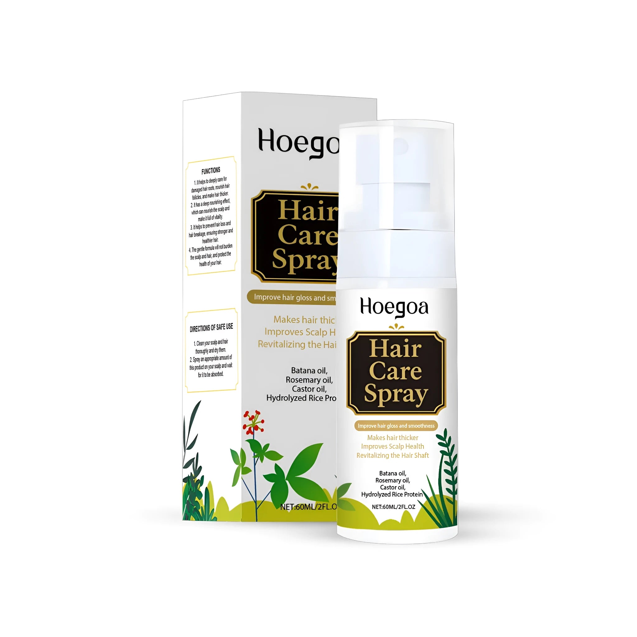60ml hair care spray bottle with leave-in formula containing rice protein and ginger root oil