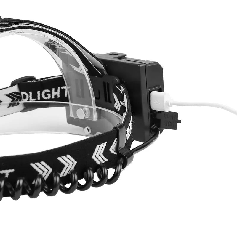 Black USB rechargeable headlight with telescopic zoom lens and head strap