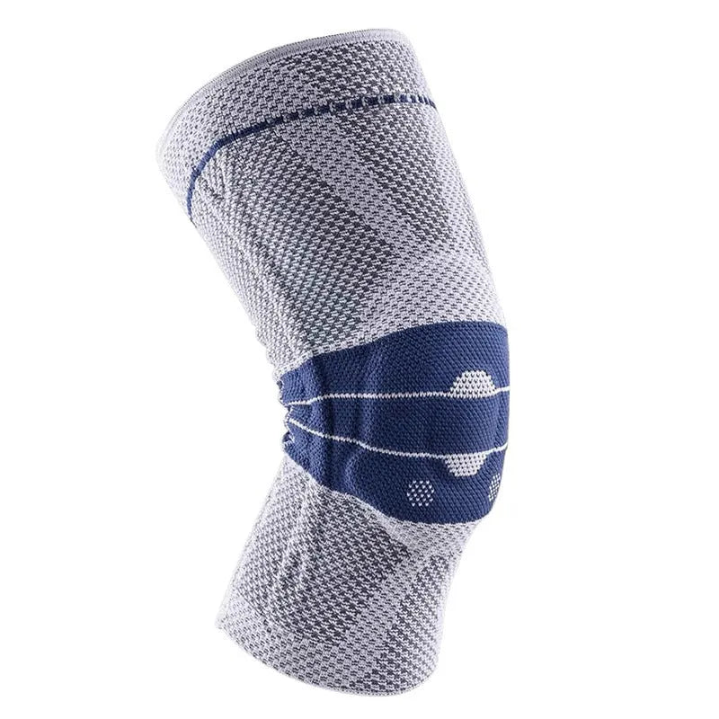 Black and blue adult sports knee pad made of nylon and spandex for basketball and running.