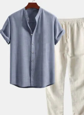 Men's casual short sleeve shirt and trousers set in linen-feel polyester fabric