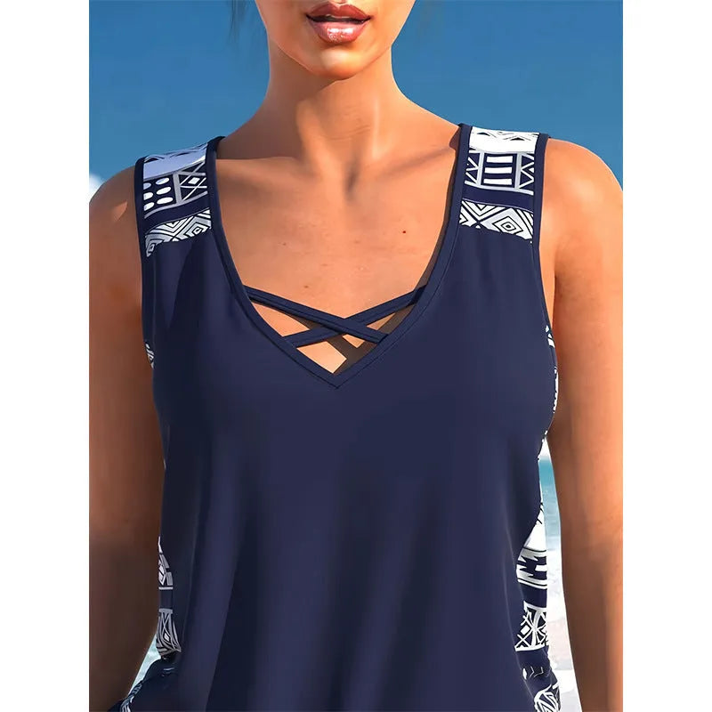 Women's sports hollow conservative split swimsuit in polyester, sleeveless, available in multiple sizes
