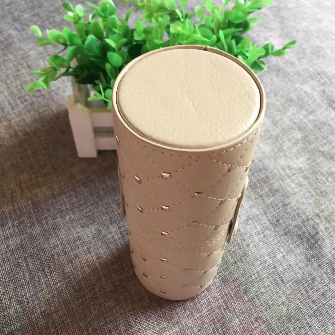 Beige white iron drill storage bucket with 12 makeup brushes with wooden handles and two-colour fibre bristles