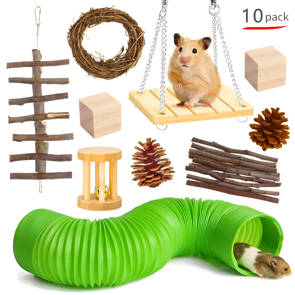 Wooden chew toy set for small pets including rabbits and guinea pigs, showing a multi-piece bundle