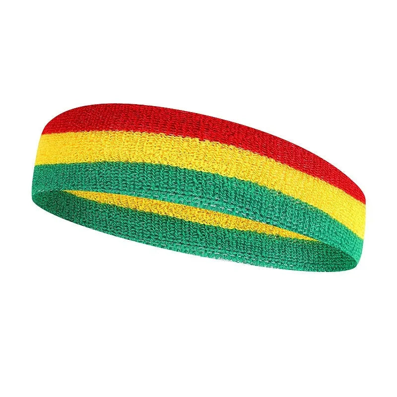 Sports headband in various colour combinations showing 5.5cm width and 20cm length dimensions