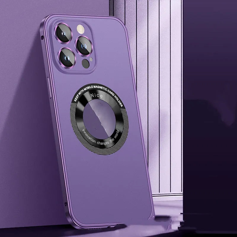 Metal frame magnetic phone case for iPhone 12-15 series in black with spring fastener and side buttons visible