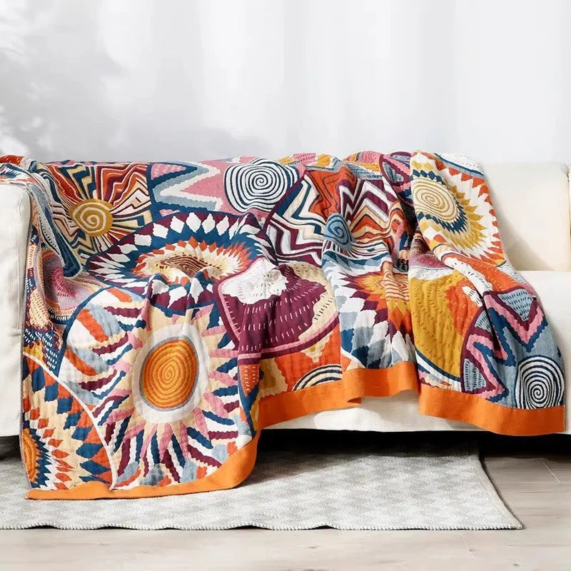 Five-layer gauze cotton bed sheet blanket in Roulette Wheel Blue pattern showing modern simplicity design