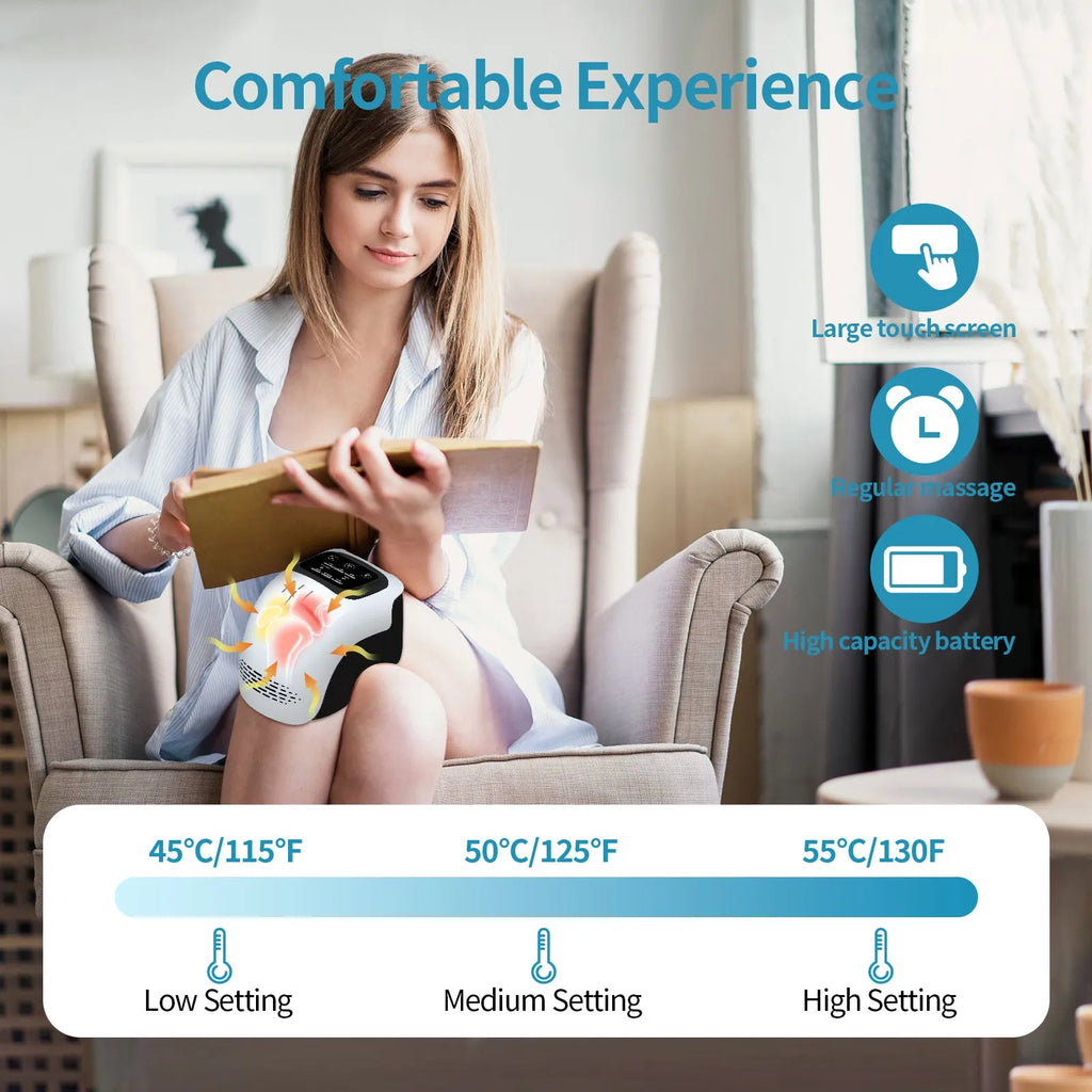 White electric knee massager showing flexible design with control panel and USB charging port
