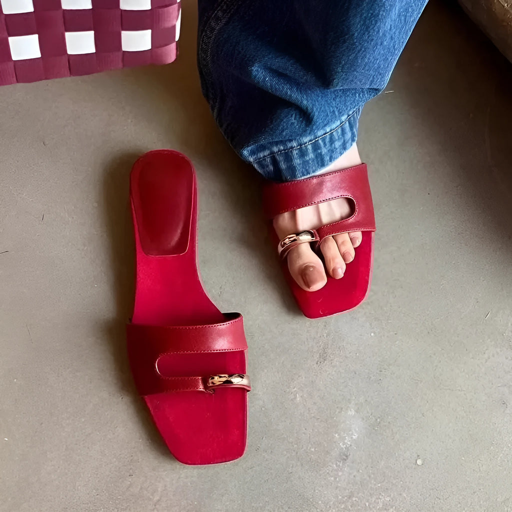 Square-toe plus size slippers in leather and rubber, shown in red, white, black, and silver colour options.