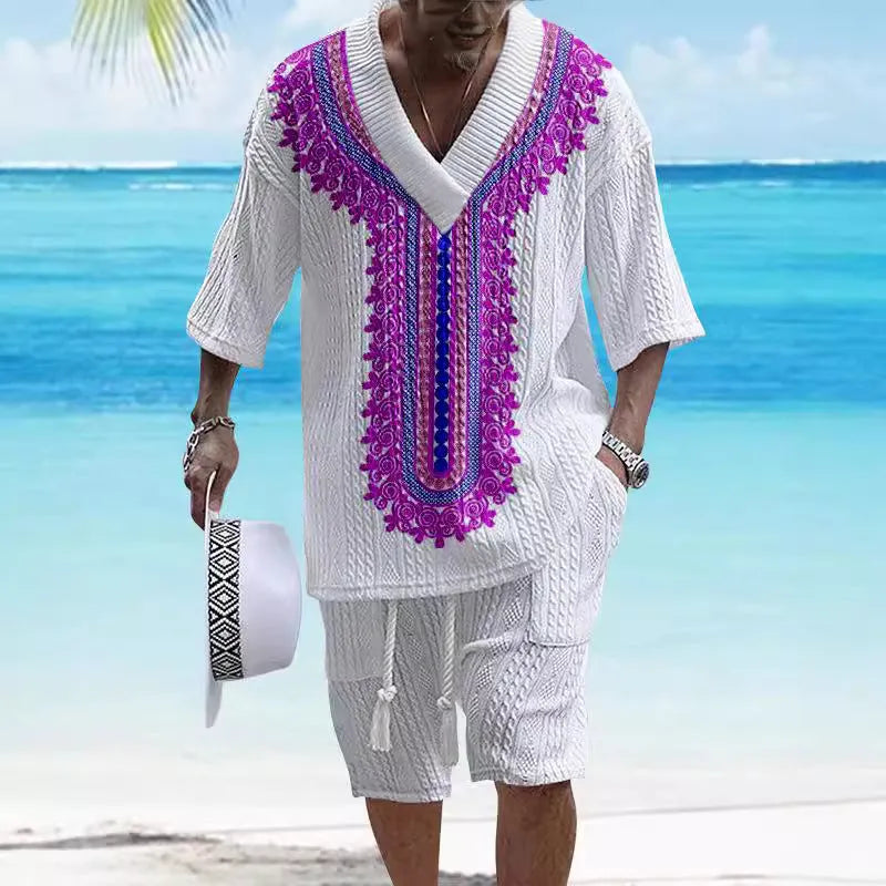 Men's printed knitted short-sleeve shorts suit with drop-shoulder design in chemical fibre blend fabric