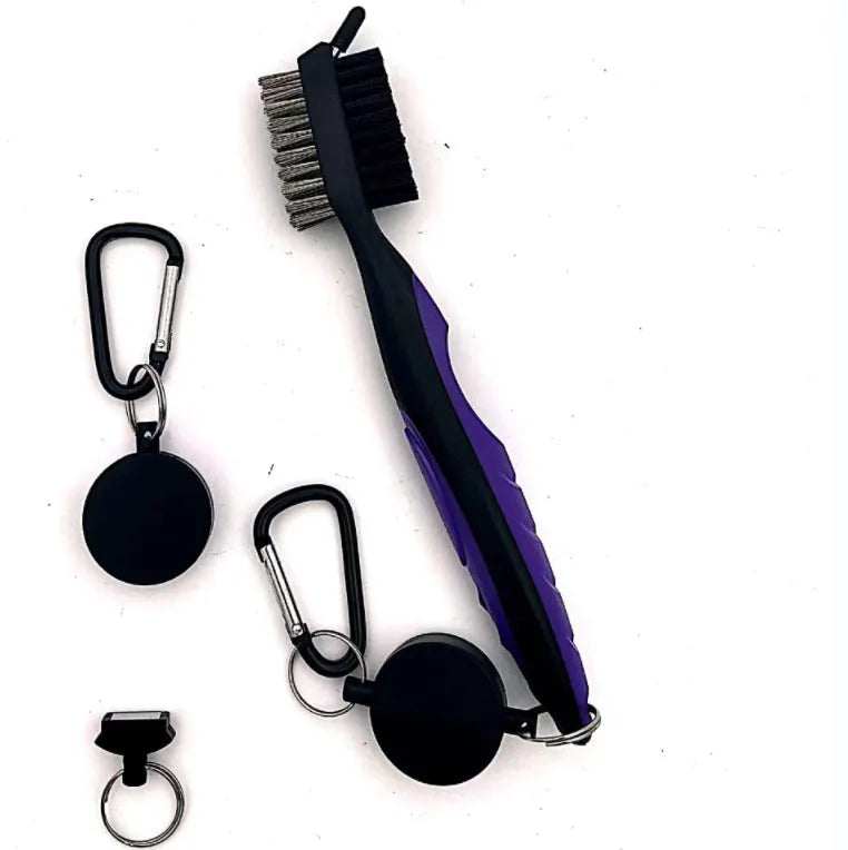 Golf club cleaning brush with magnetic snap button, stainless steel and PP wool bristles, black colour, without cover