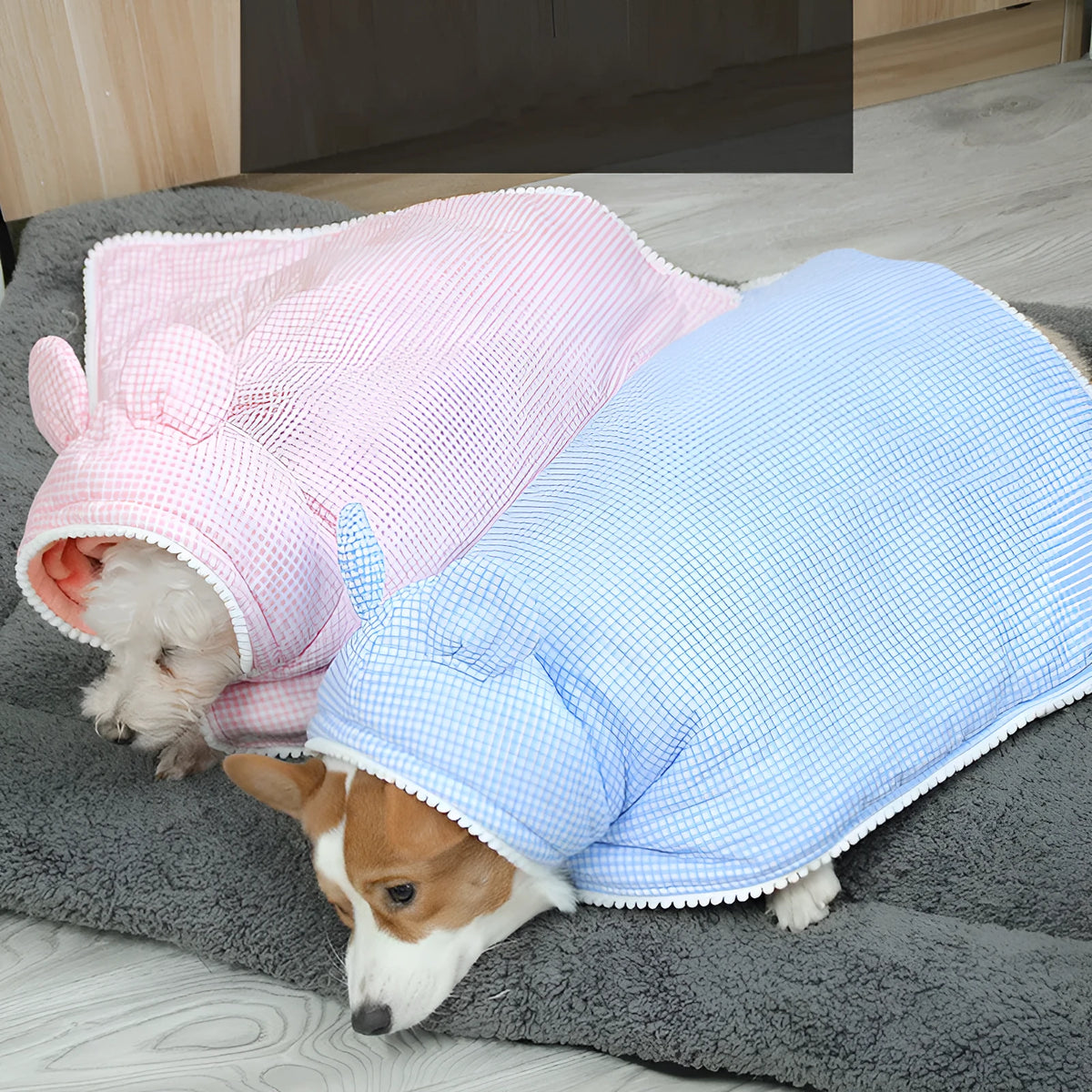 Cotton plaid dog and cat cloak pyjamas in pink or blue grid, sizes S to 2XL