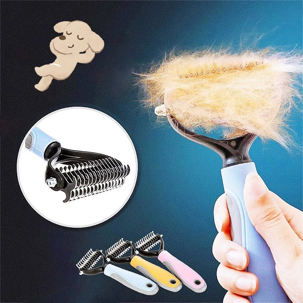 Double-sided stainless pet brush for dogs and cats with button hair removal and non-slip grip, blue or pink