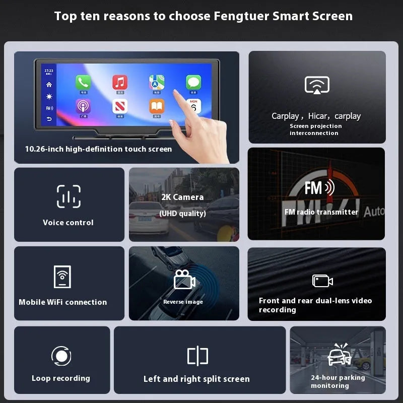 10-inch car touch screen display with Apple CarPlay and front/rear recording cameras