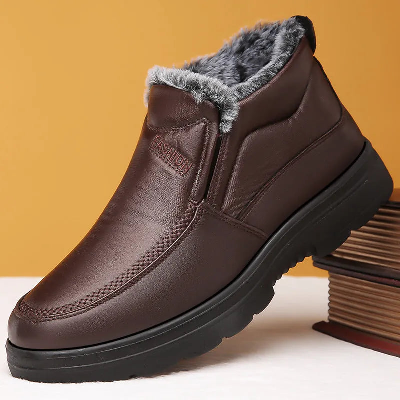 Men's black fleece-lined winter slippers with non-slip rubber sole and slip-on design