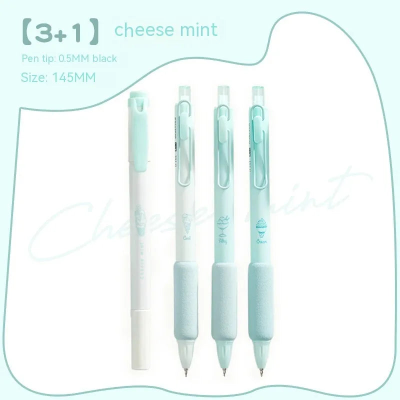 Four double-headed fluorescent calligraphy pens with sponge press design in cheese mint and sea salt ice cup colours